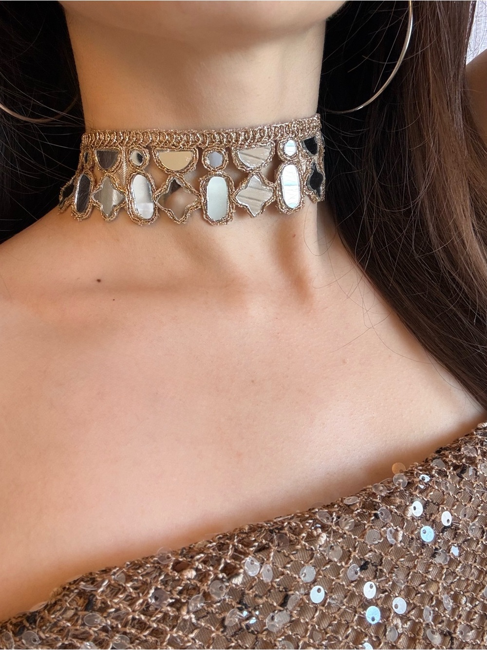 Gold Mirror-Detail Choker Necklace - Women Jewelry - Picture 1 of 5